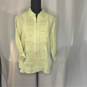 Women's COLDWATER CREEK green pl 100% linen with cuff shelves